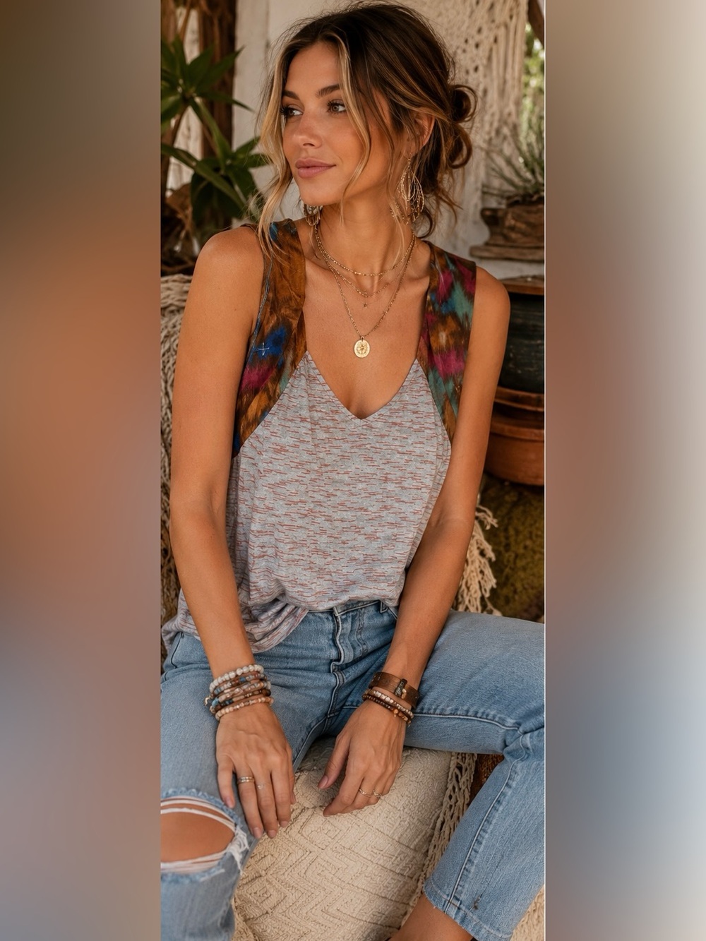 Burning Torch Zanzibar Tank Top Small Silk Trim Mixed Media Boho Artisan USA